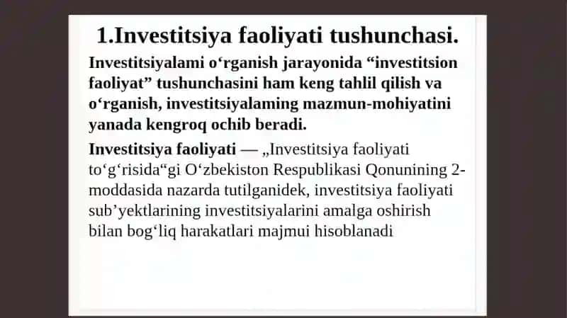 INVESTITSIYLARFAOLIYATI VA INVESTITSIYA SIYOSAT 3