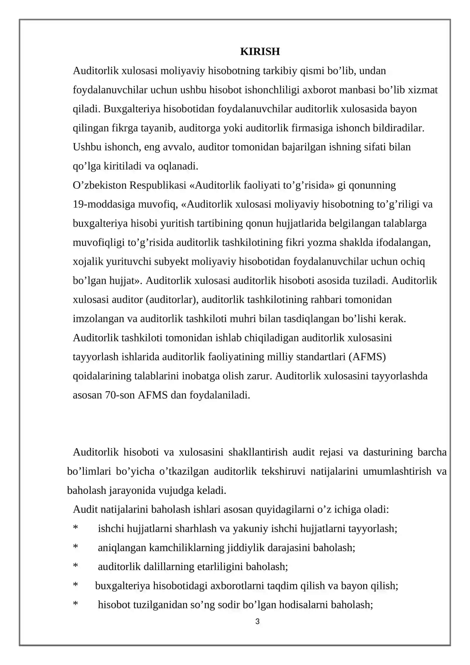 “MOLIYAVIY HISOBOT TUZILGANDAN KEYINGI XODISALAR VA ULARNING AUDITORLIK HULOSASIGA TA’SIRI” MAVZUSIDAGI KURS ISHI 3