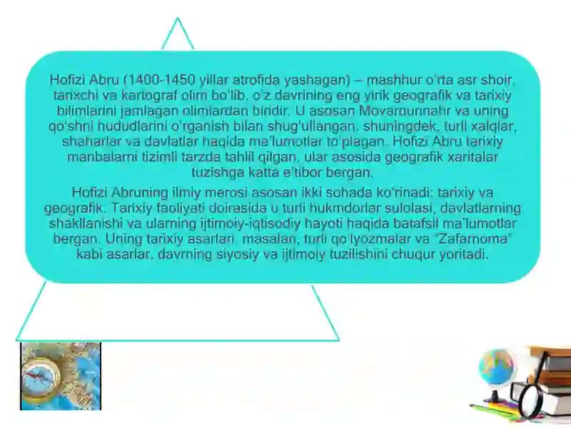 Hofizi Abru, Yoqut Hamafiy, Qoshg'ariy, Narshaxiy ilmiy faloiyatlari hamda kartografiya rivojiga qo'shgan hissasi 3