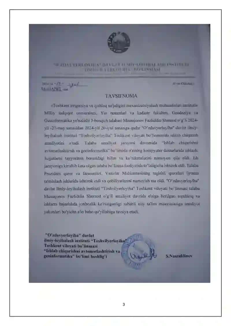 Ishlab chiqarish bo‘yicha malaka amaliyoti 3
