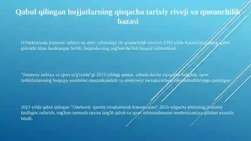 O'zbekiston Respublikasi jismoniy madaniyat sport bo'yicha qabul qilingan hujatlarning ahamiyati 3