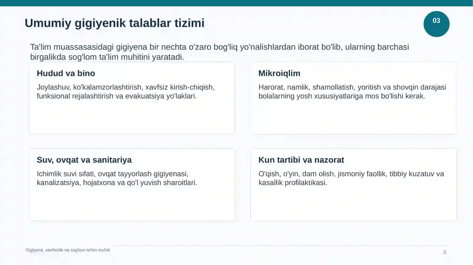 Maktabgacha bolalar muassasalari va maktablarga qo'yiladigan umumiy gigiyenik talablar 3