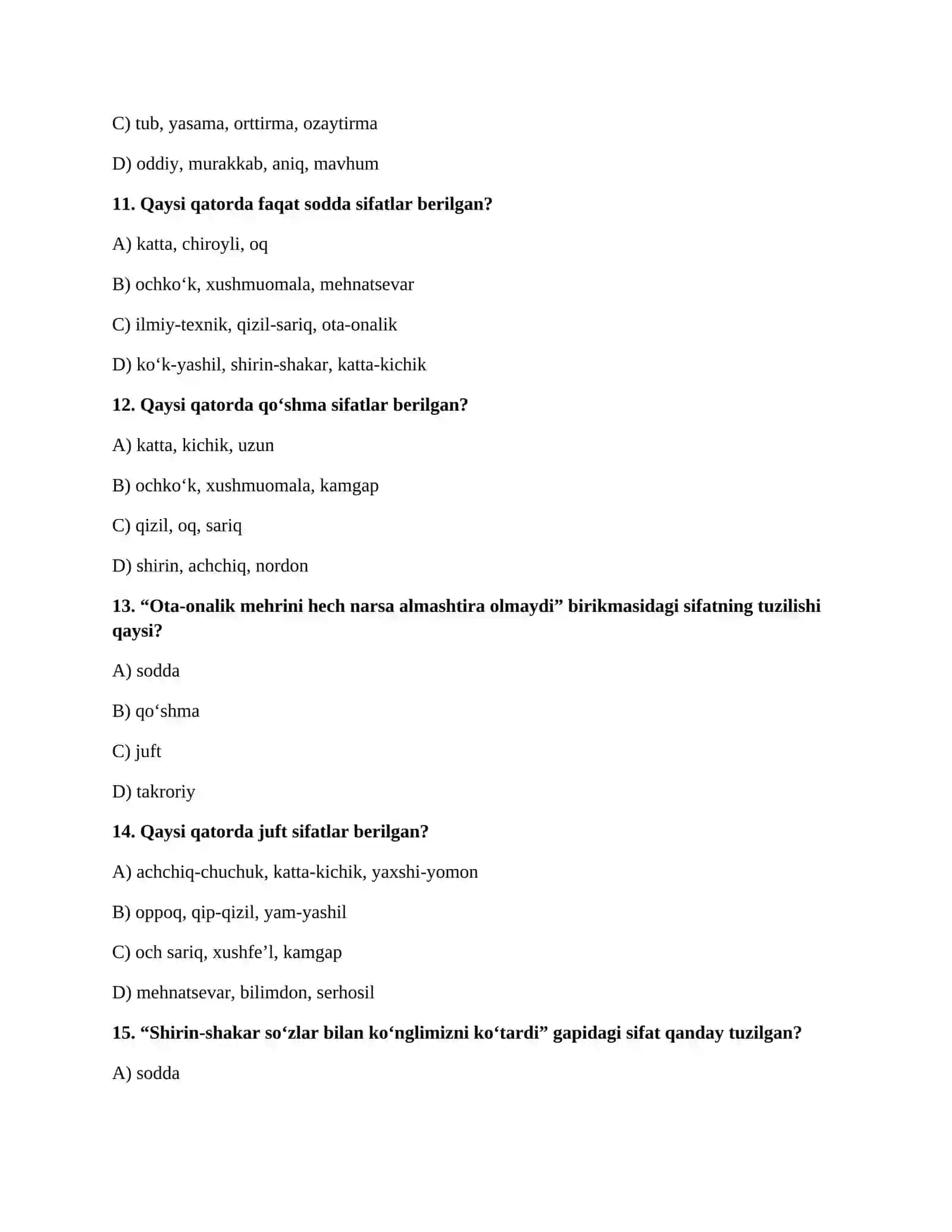 SIFAT SO‘Z TURKUMI BO‘YICHA MURAKKAB TEST 3