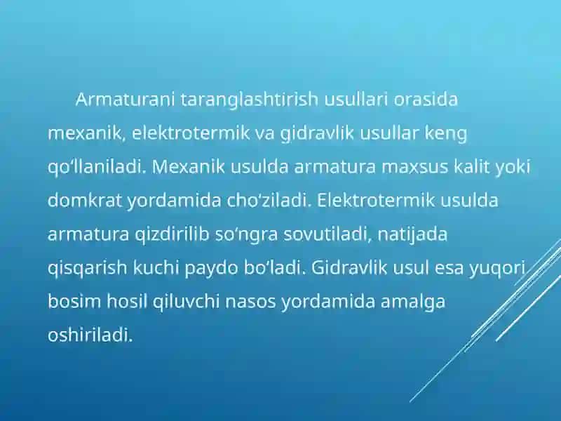 Temir-beton konstruksiyalarini ishlab chiqarishda armaturani taranglashtirish usullari 3