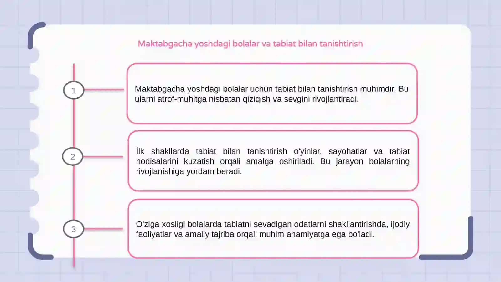 Maktabgacha yoshdagi bolalarning tabiat bilan tanishtirishning ilk shakllari va o'ziga xosligi 3