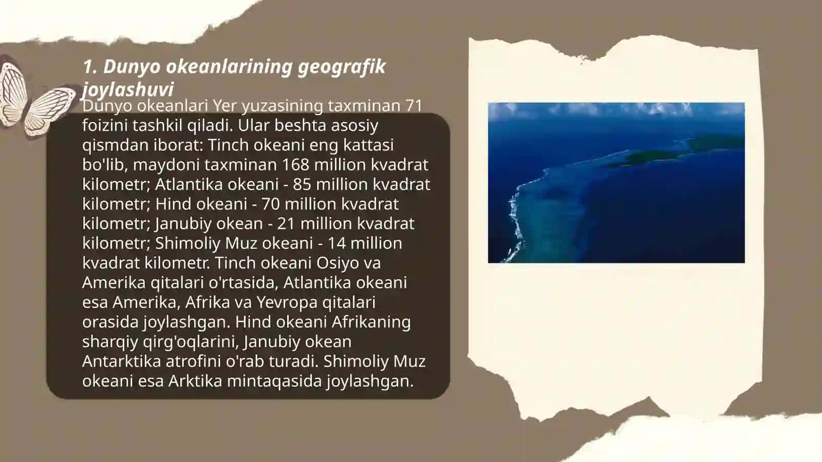 Dunyo okeani ( Tinch, Atlantika, Hind, Shimoliy Muz okeanlari ) tabiatiga tavsif 3