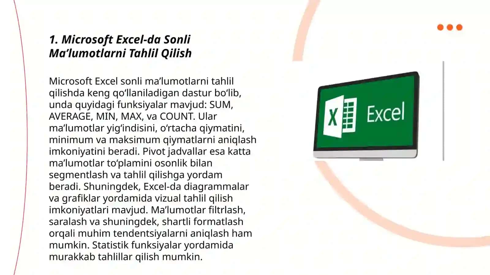 Sonli ma’lumotlarni qayta ishlash texnologiyasi. Microsoft Excel elektron jadvalmuxarririning keng imkoniyatlaridan foydalanish 3