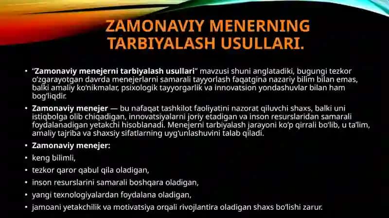 Zamonaviy menerning tarbiyalash usullari. BOSHQARUV MEHNATINI TASHKIL ETISH 3