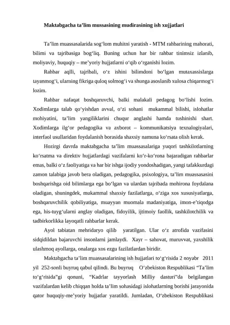 MAKTABGACHA TAʼLIM SHAKLLARDA ISH HUJJATLARINI YURITISH 03-MAKTABGACHA TAʼLIM TASHKILOTI DIREKTORNING ISH HUJJATLARI. 3