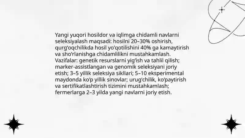 Yangi yuqori hosildor va iqlimga chidamli navlarni seleksiyalash 3