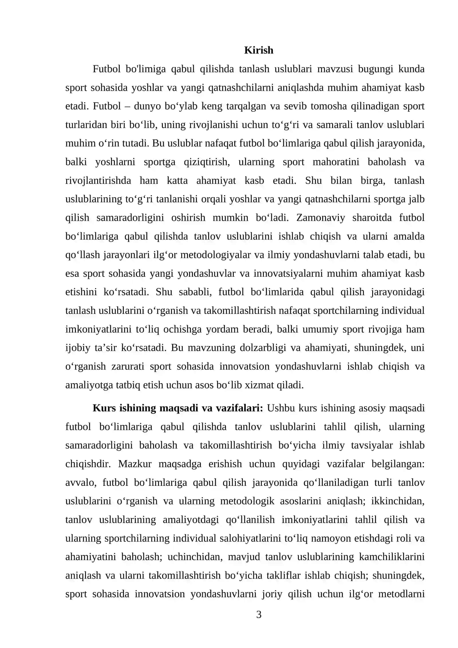 Futbol bo'limiga qabul qilishda tanlash uslublari kurs ishi 3