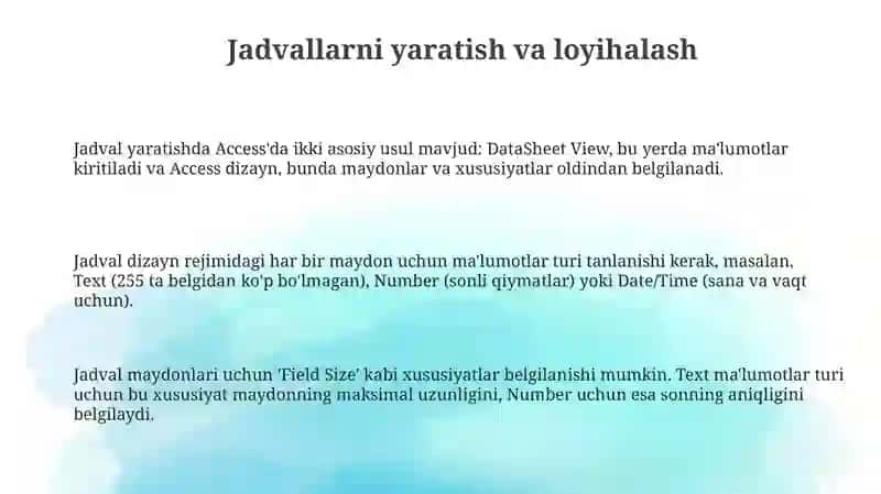 Microsoft Access Maʼlumotlarni boshqarish tizimida jadvallar bilan ishlash 3