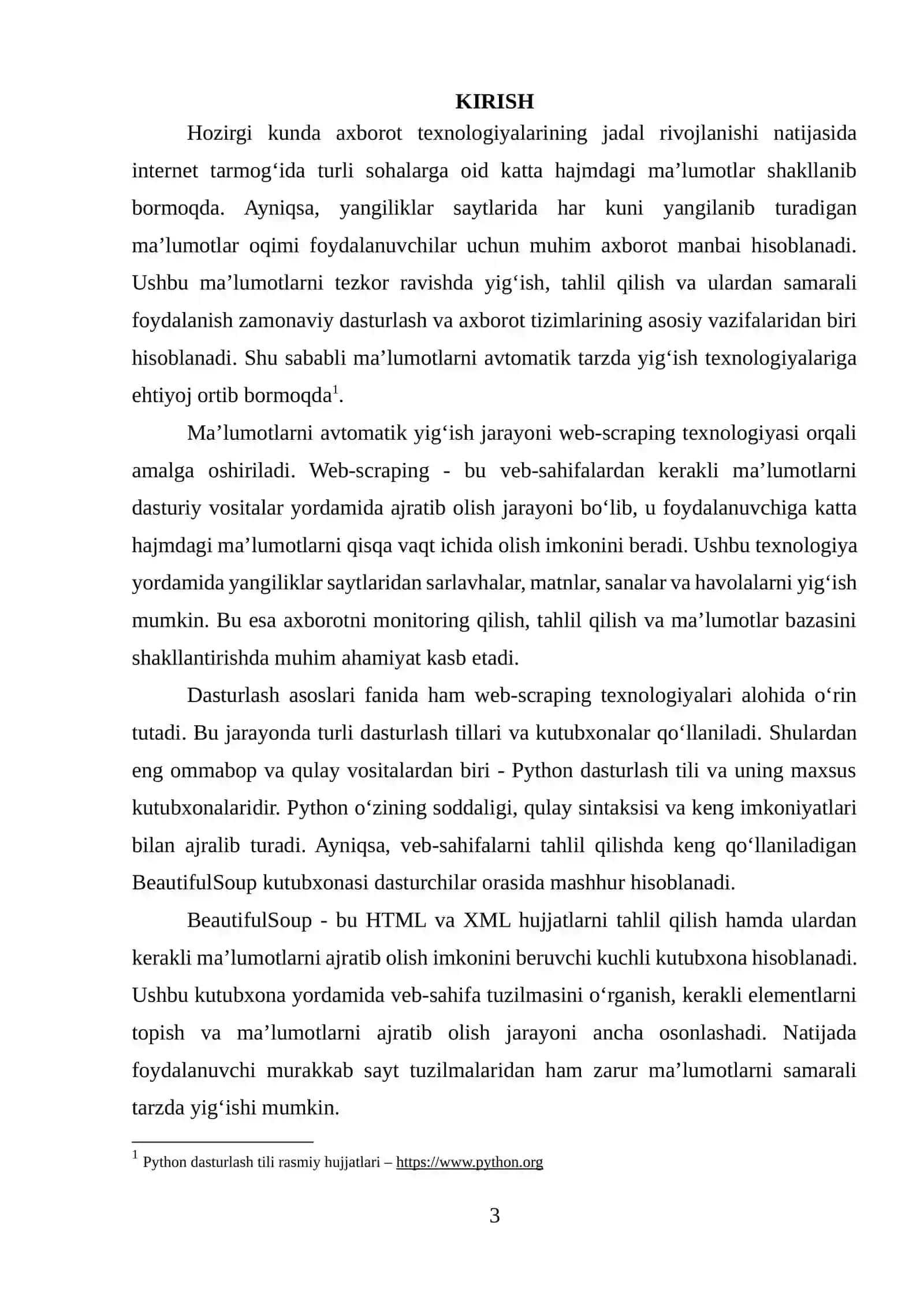 “BeautifulSoup yordamida yangiliklar saytlaridan ma’lumot yig‘ish boti yaratish” 3