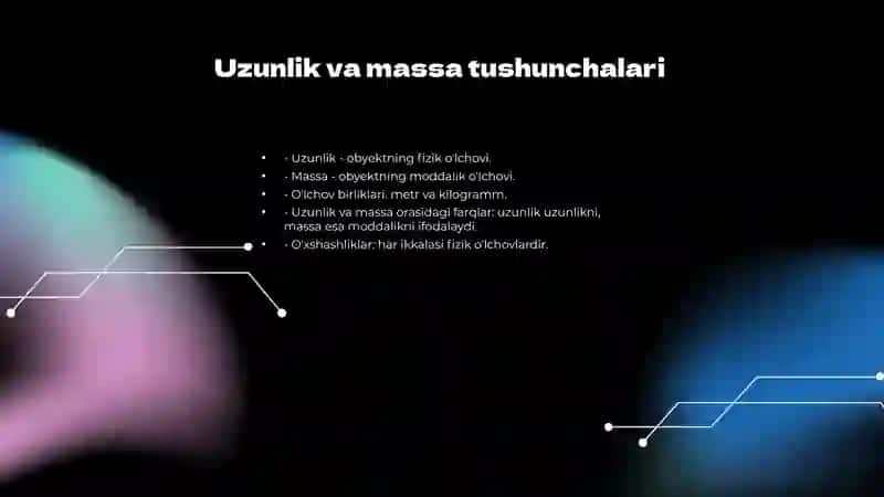 Boshlangʻich sinflarda oʻrganiladigan asosiy miqdorlar: uzunlik massa narx baho vaqt masofa tezlik 3