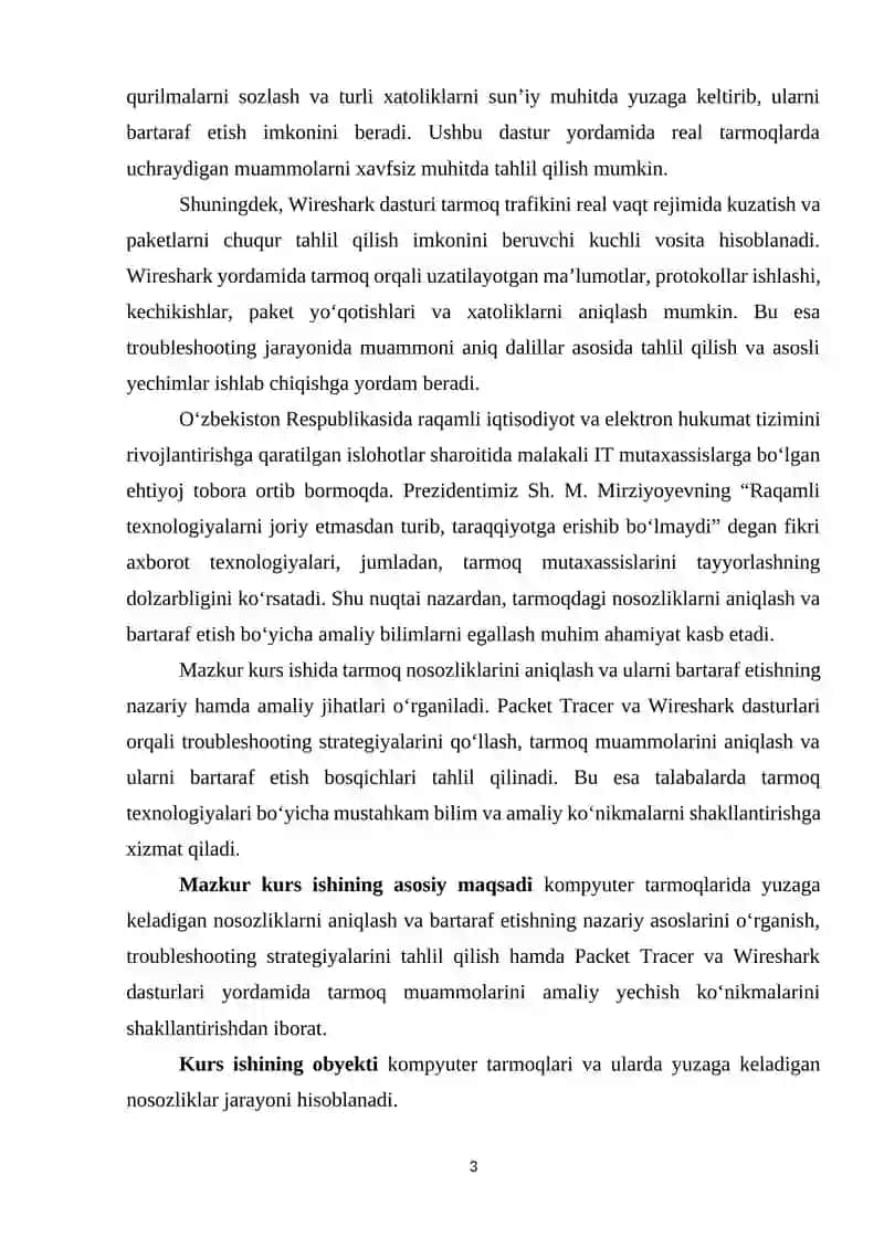Tarmoqdagi nosozliklarni aniqlash va bartaraf etish Troubleshooting strategiyalari (Packet Tracer + Wireshark). 3