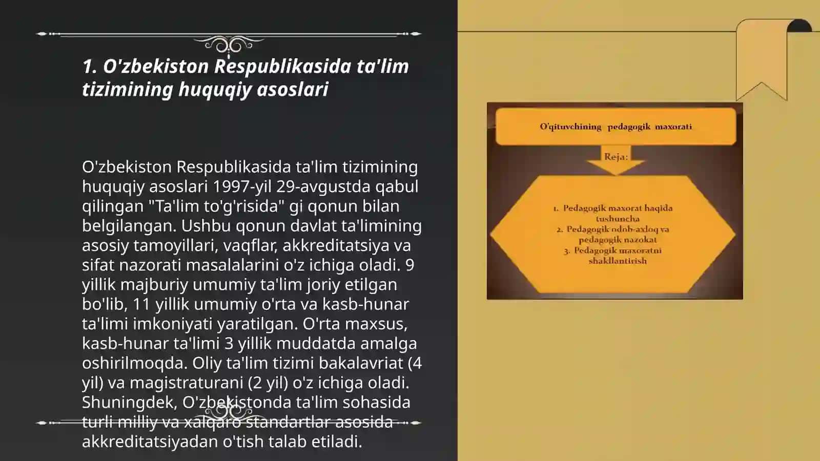 Oʻzbekiston Respublikasi Ta'lim Tizimi.Pedagogning maqomi va kasbiy faoliyatini amalga oshirishini taminlash 3