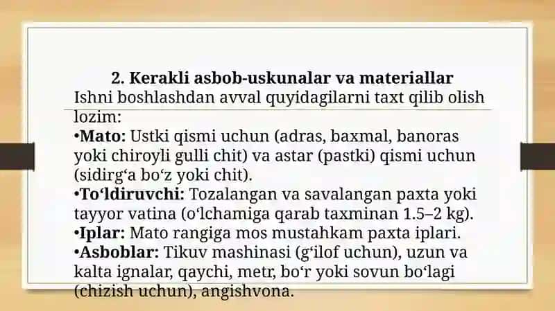 AMALIY MASHG'ULOT KICHIK HAJMDAGI KO'RPACHA BICHISH VA TIKISH 3