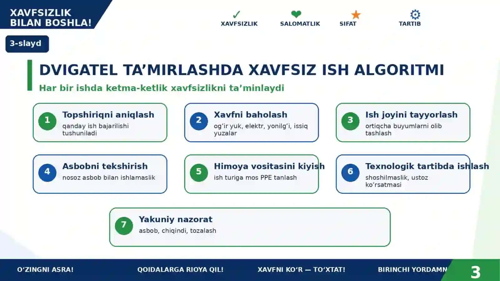 Avtomobil dvigatelini ta’mirlashda texnika xavfsizligi qoidalariga rioya qilish.Birinchi yordam 3