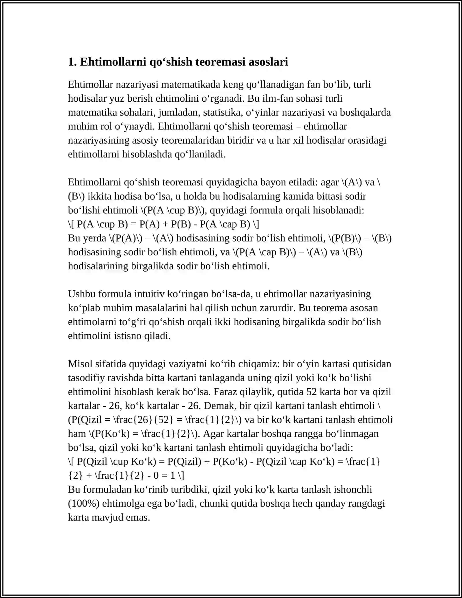 EHTIMOLLARNI QOʻSHISH VA KOʻPAYTIRISH TEOREMALARI, TEOREMALARIGA DOIR AMALIY TOPSHIRIQLAR BAJARISH 3