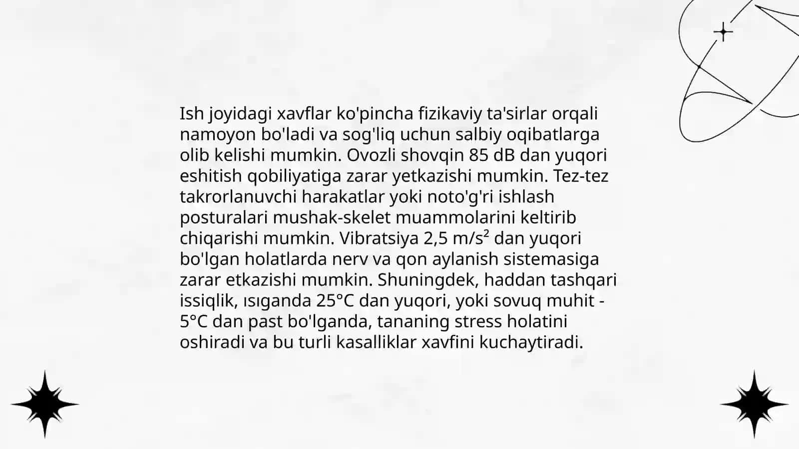 Ish joyida uchraydigan fizikaviy ta'sirlar va ularni oldini olish chora- tadbirlarini ishlab chiqish 3