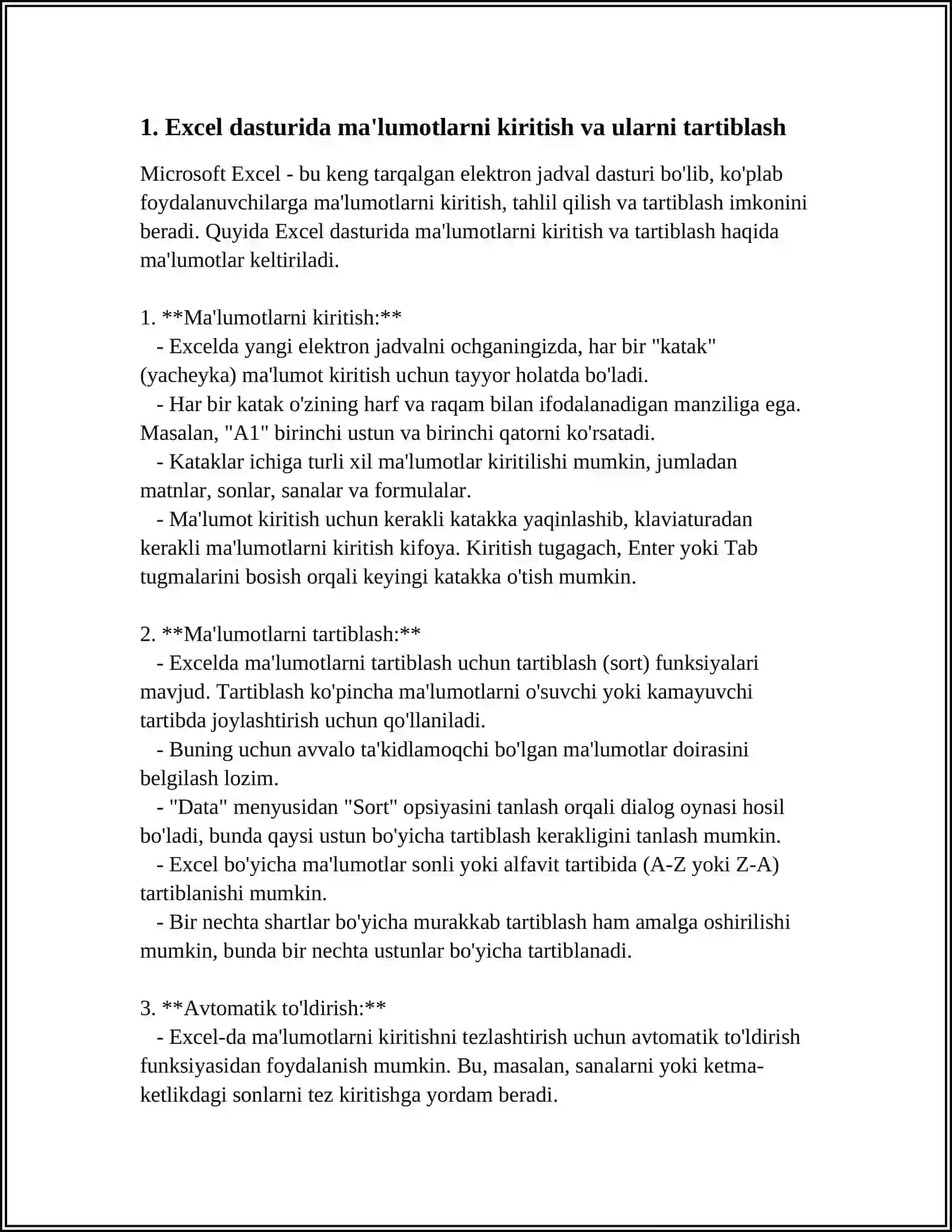 EXSEL DASTURIDA TURLI HISOBOT TAYYORLASH 3