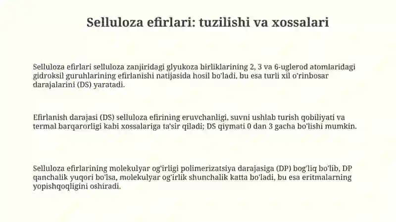 Selluloza efirlari olishning kimyoviy asoslari 3