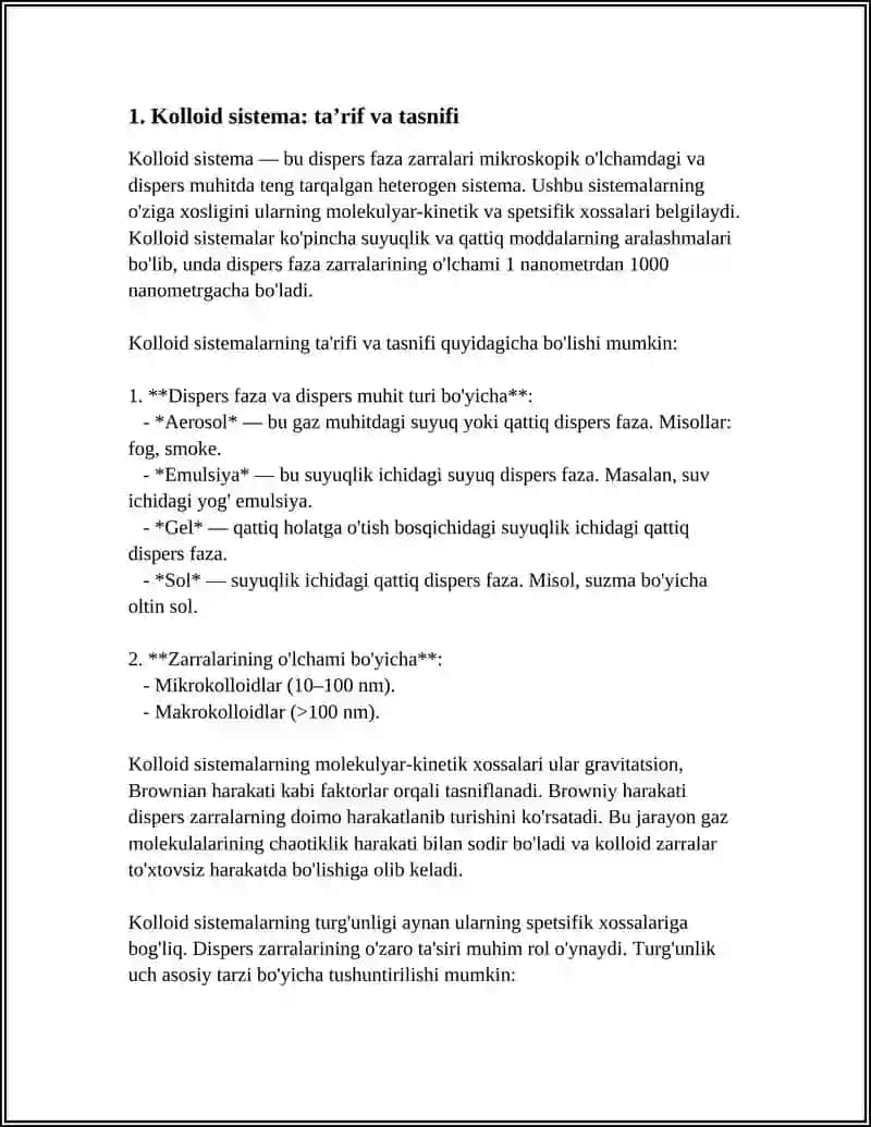 KOLLOID SISTEMALARNING MOLEKULYAR-KINETIK VA SPETSIFIK XOSSALARI KOLLOID SISTEMALARNING TURGʻUNLIGI.DAGʻAL DISPERS SISTEMALAR 3