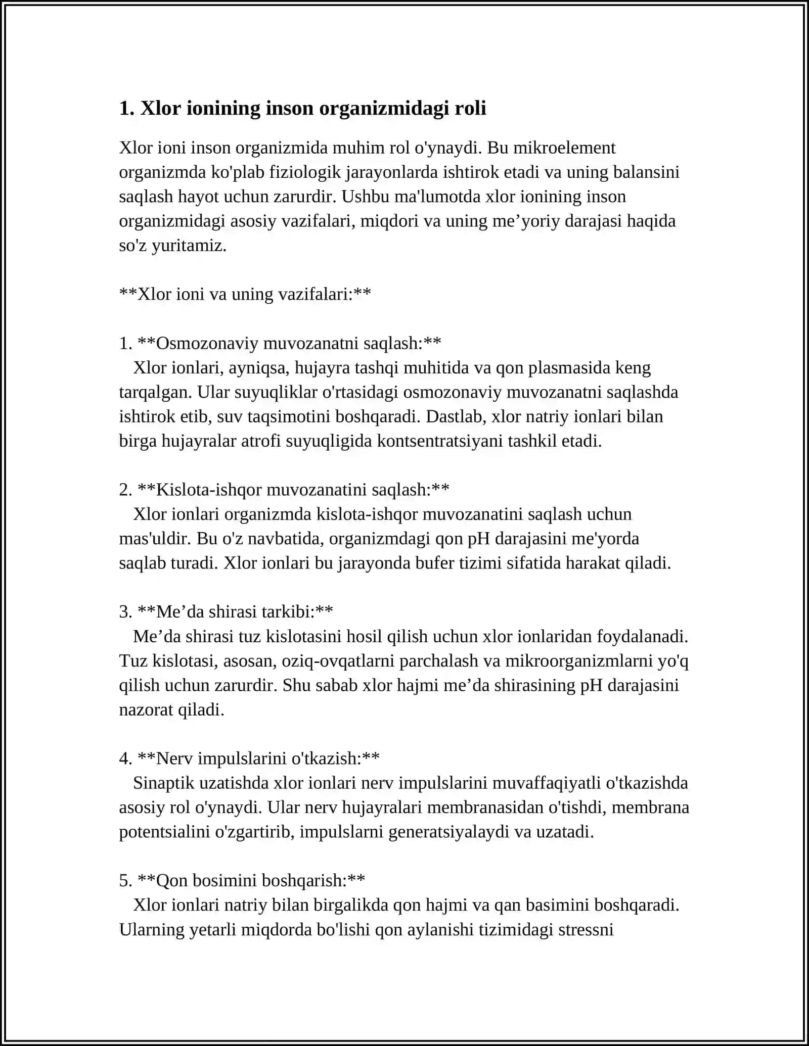 XLOR IONINING INSON HAYOTIDAGI O'RNI, ISHLATILISHI VA TA'SIR MEXANIZIMI 3