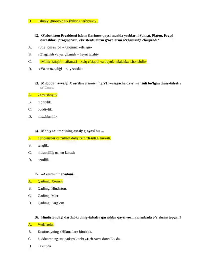 FALSAFADAN TEST SAVOLLARI 3