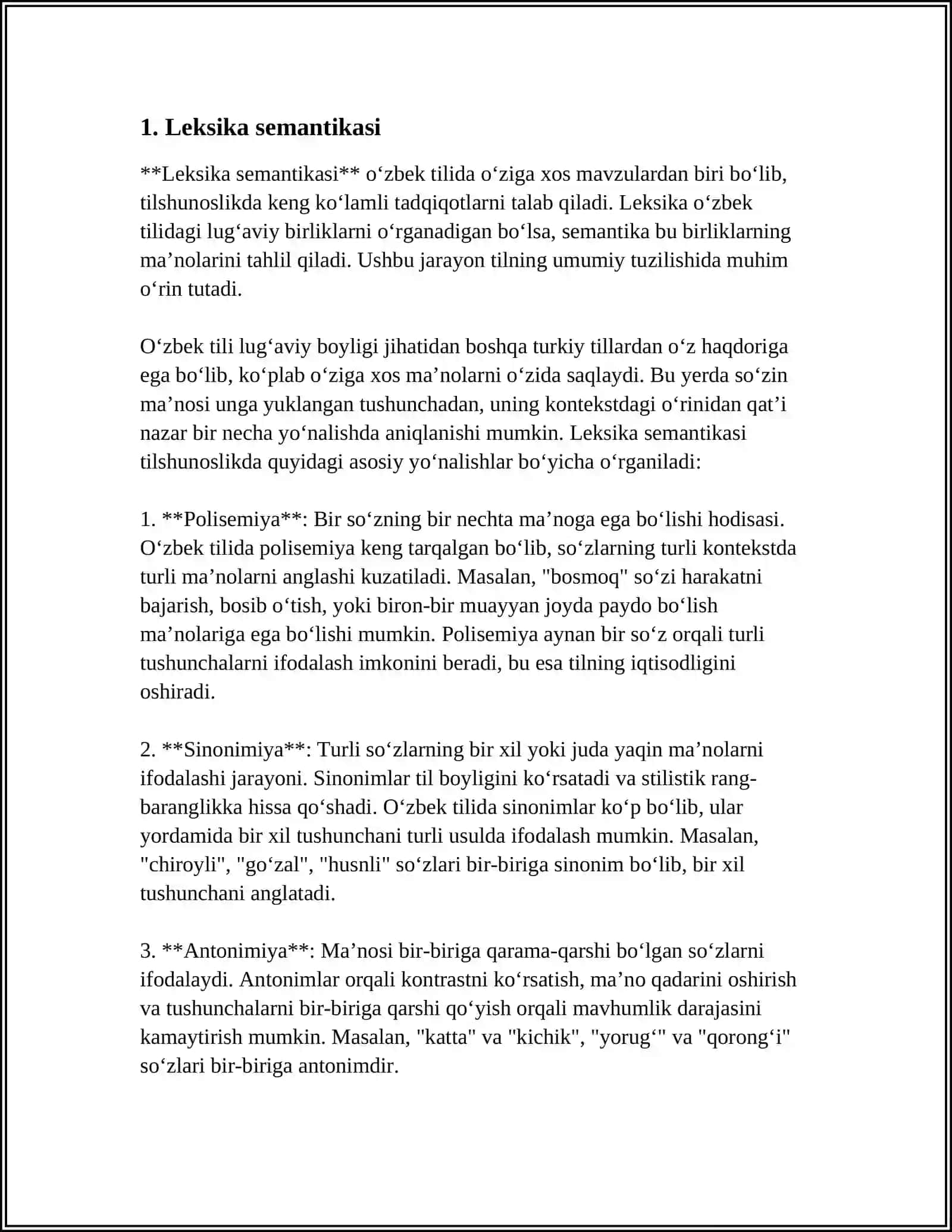 MUSTAQIL ISH Mavzu: LEKSIKOLOGIYADAN BOʻLIMLARI 3
