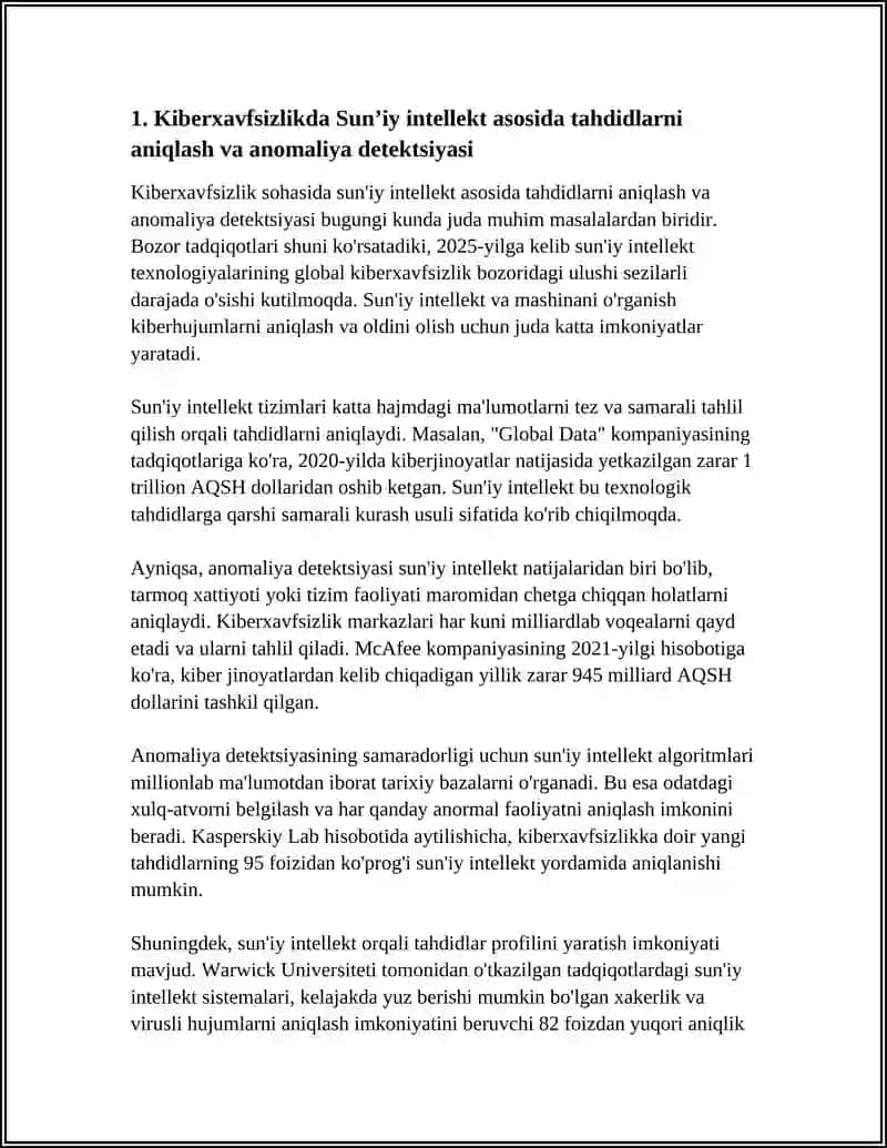 KIBERXAVFSIZLIKDA SUNʼIY INTELLEKETNING QOʻLLANILISHI VA XAVFLARI 3