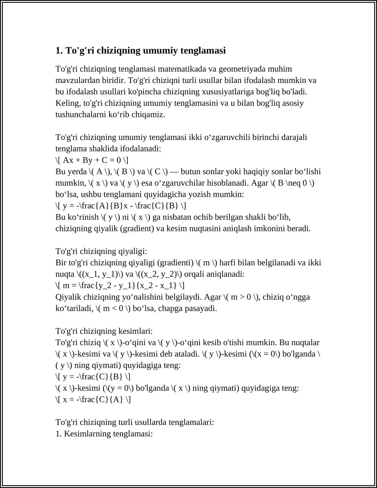 TEKISLIKDA TO’G’RI CHIZIQNING UMUMIY TENGLAMASI VA UNING TURLI XIL TURLI XUSUSIY KO’RINISHLARI 3