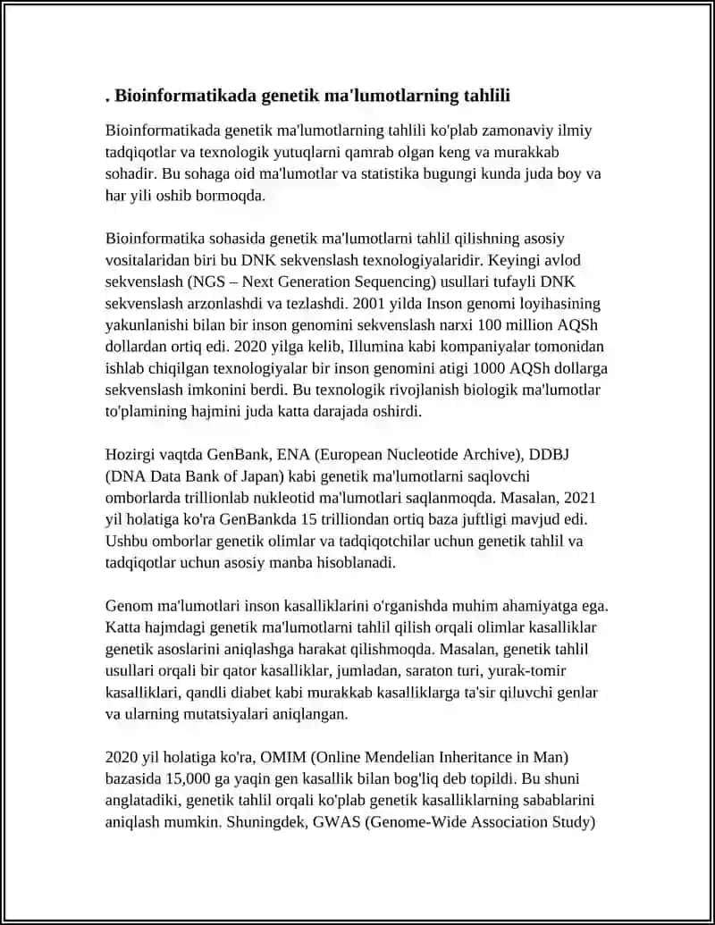 BIOINFORMATIKA VA BIOMEXANIKA FANIDAN MUSTAQIL ISH 3