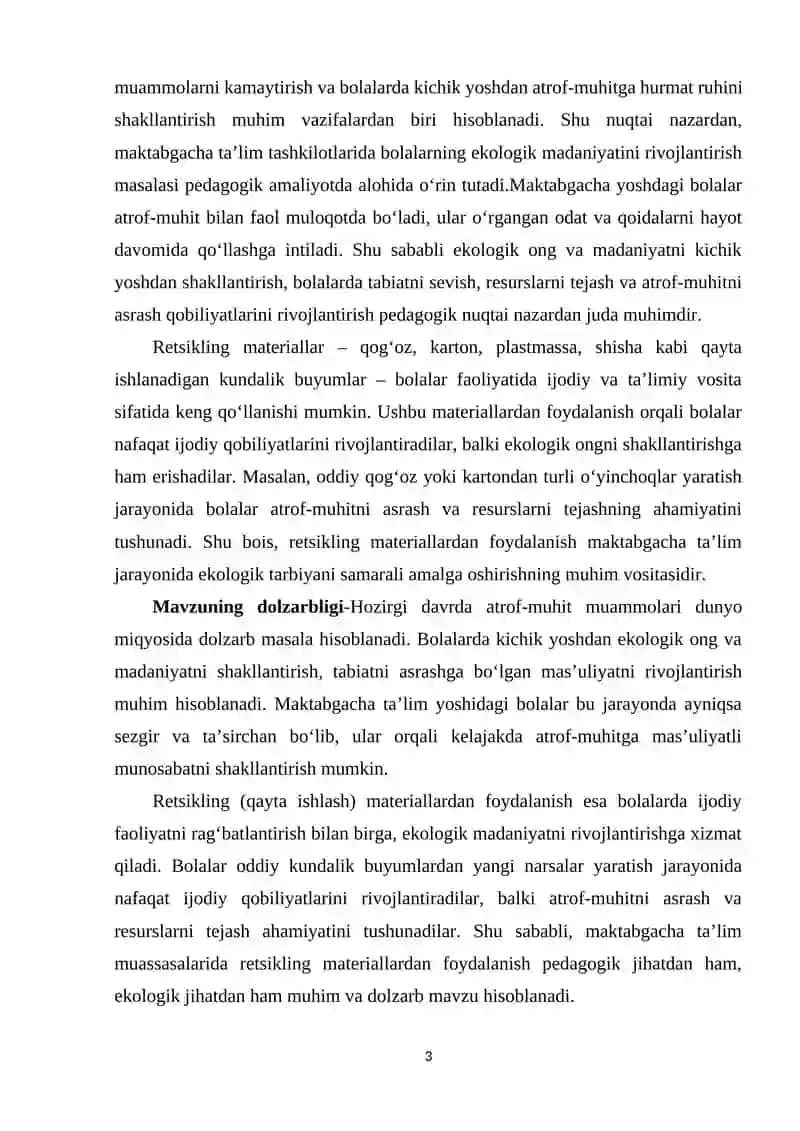 Maktabgacha ta’lim tashkilotida retsikling materiallardan foydalanish orqali bolalarning ekologik madaniyatini rivojlantirish” 3