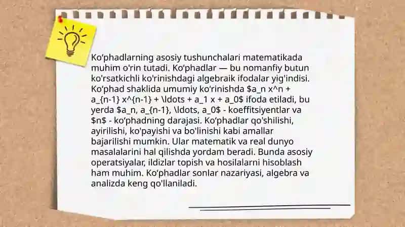 Koʻphadlar. Yevklid algaritmi. Qoldiqli boʻlish. Keltirilmas koʻphadlar. Shahzoda Urolova 3