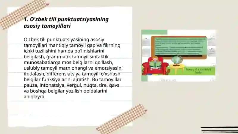 O'zbek tkli punkitatsiyasining asosiy tamoyillari.mantiqiy gramatik tamoyili.uslubiy tamoyili.differensiatsiya tamoyili 3