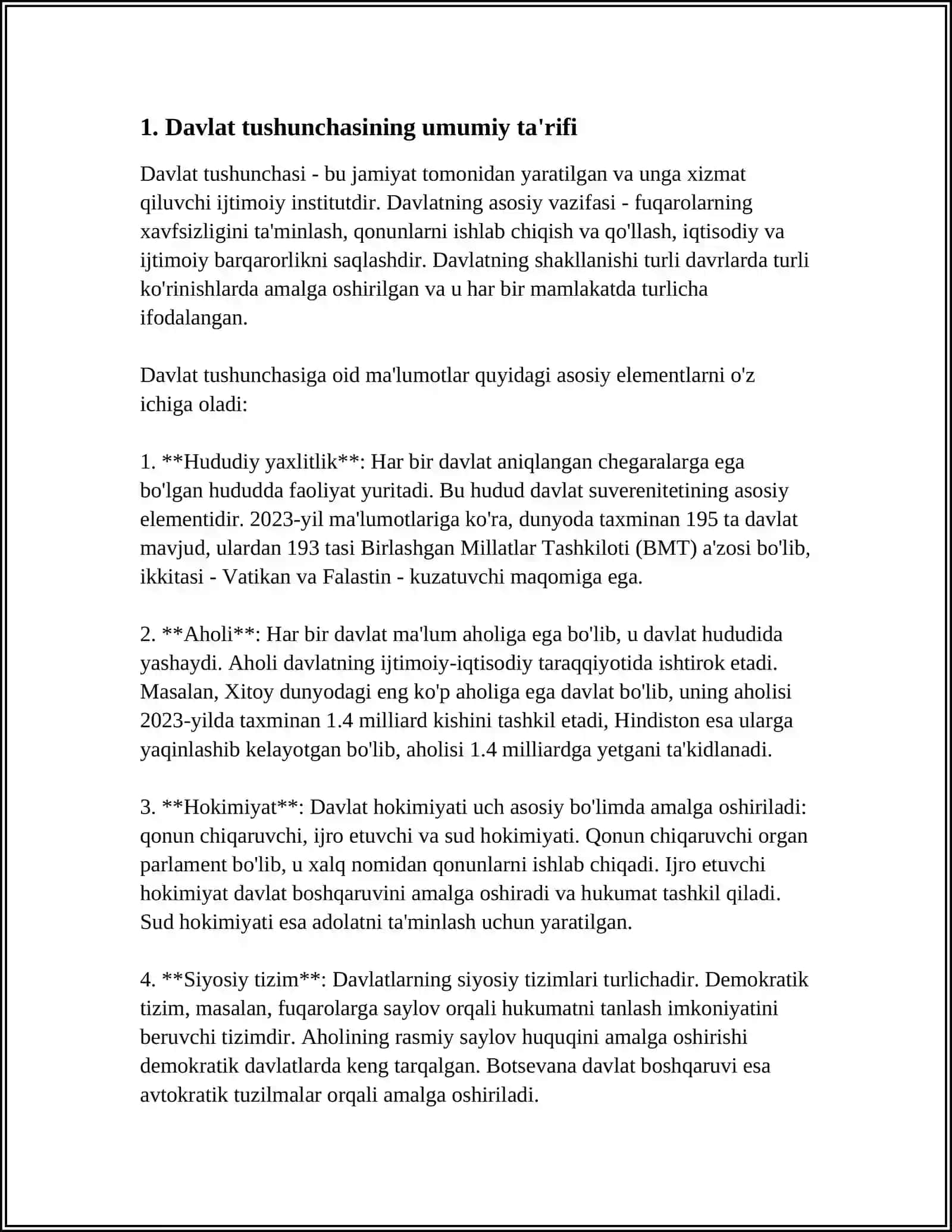MUSTAQIL ISH Mavzu: DAVLAT TUSHUNCHASI,BELGILARI, MOHIYATI VA TIPLARI 3