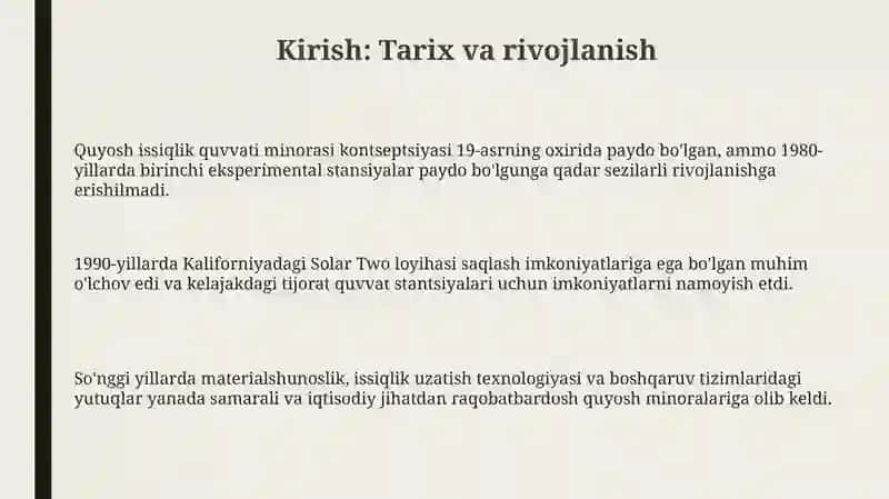 Quyosh issiqlik minorasining tuzilishi va ishlash mexanizm 3