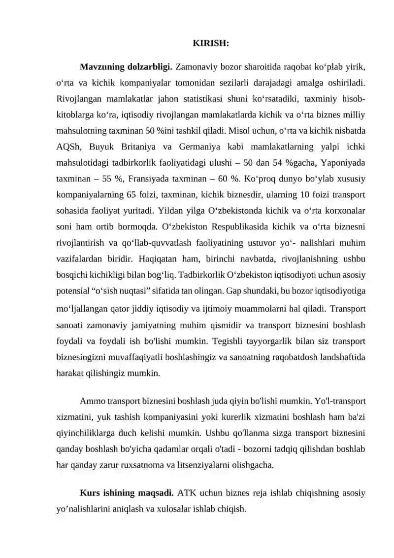 Avtomobil transporti korxonasi uchun biznes reja ishlab chiqish 3