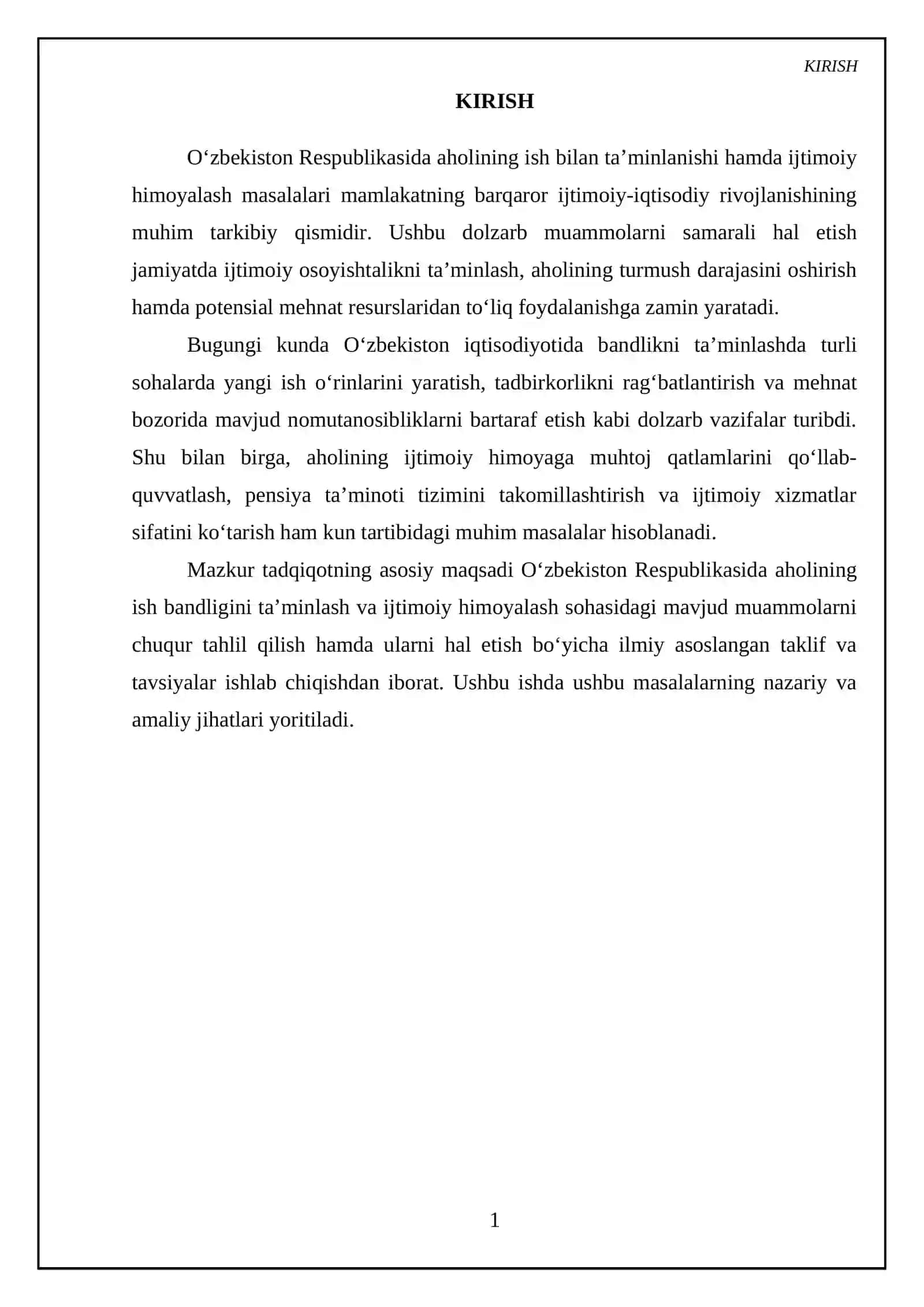O'zbekiston respublikasida aholining ish bandligini taminlash va ijtimoiy himoyalash moammolari 3