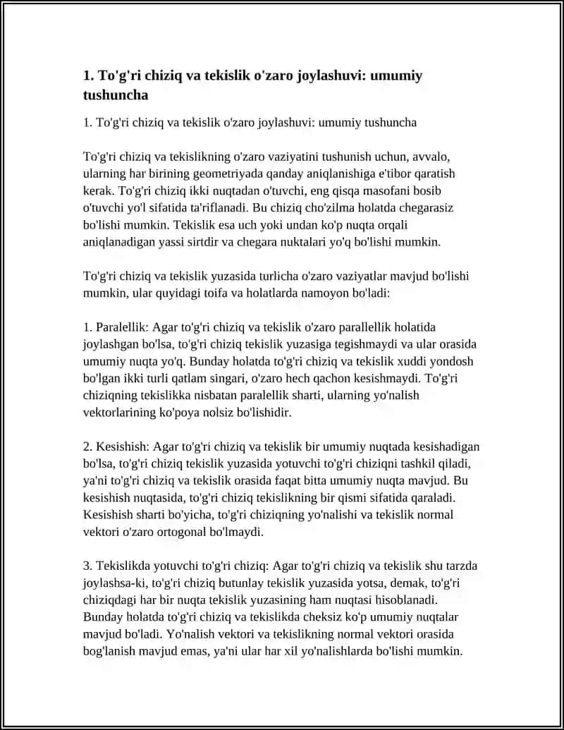 TOʻG'RI CHIZIQ VA TEKISLIKNING O'ZARO VAZIYATI 3
