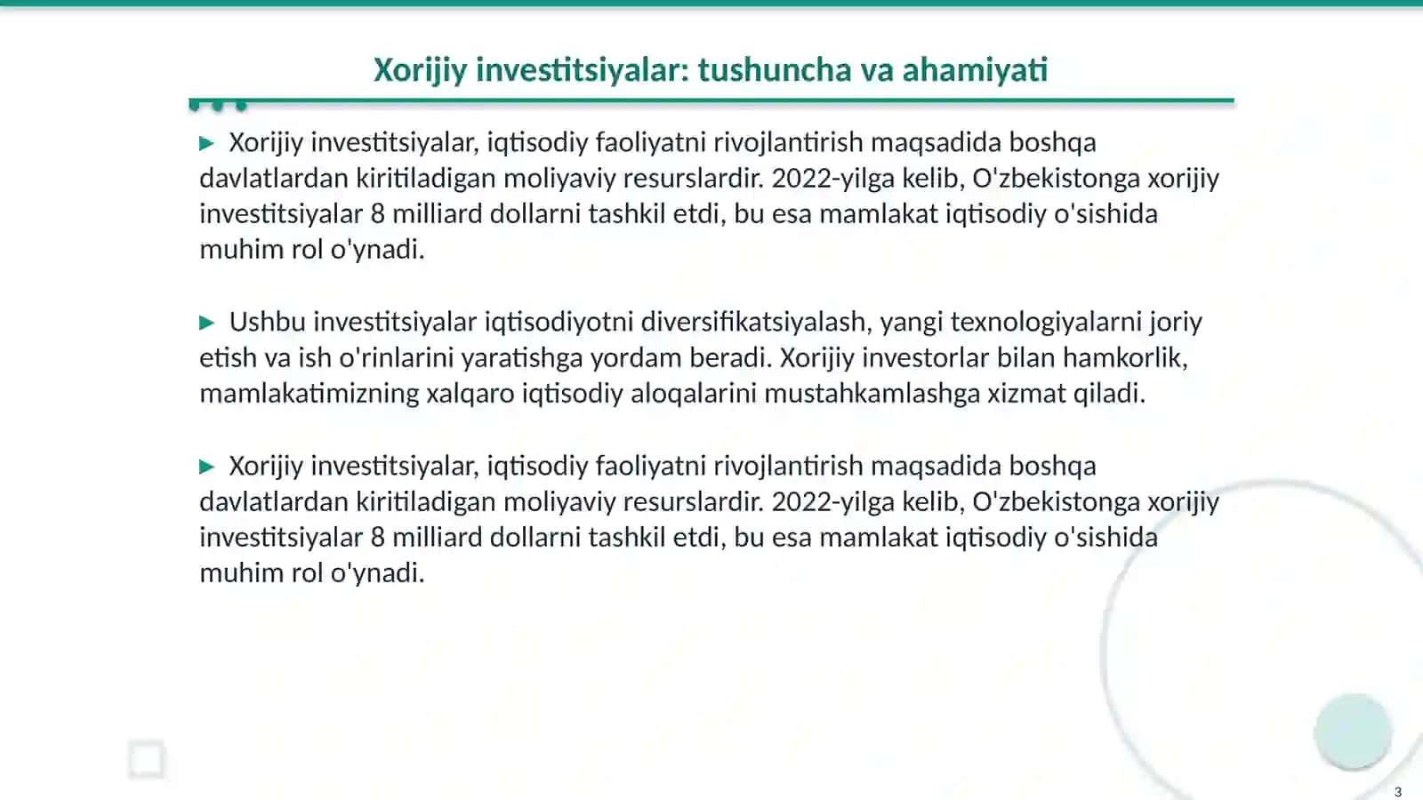 Xorijiy investitsiyalar va kreditlar hisobiga investitsiya moliyalashtirish 3