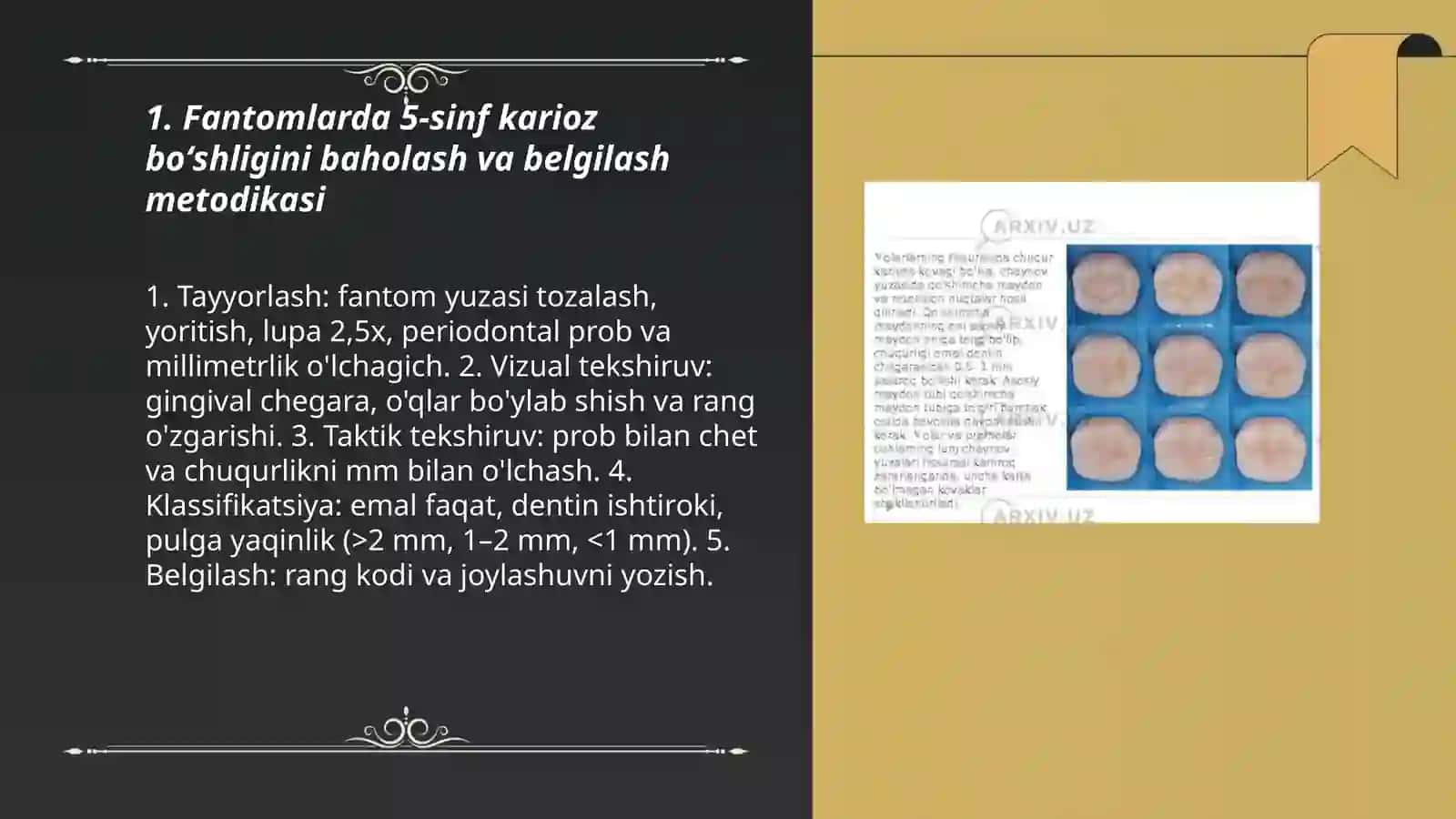 Fantomlarda 5-sinf karioz boʻshliqlarini charxlash va plombalash 3