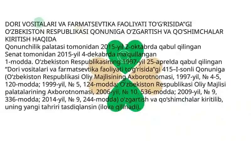 DORI VOSITALARI VA FARMATSEVTIKA FAOLIYATI TO‘G‘RISIDA”GI O‘ZBEKISTON RESPUBLIKASI QONUNIGA O‘ZGARTISH VA QO‘SHIMCHALAR KIRITISH HAQIDA 3