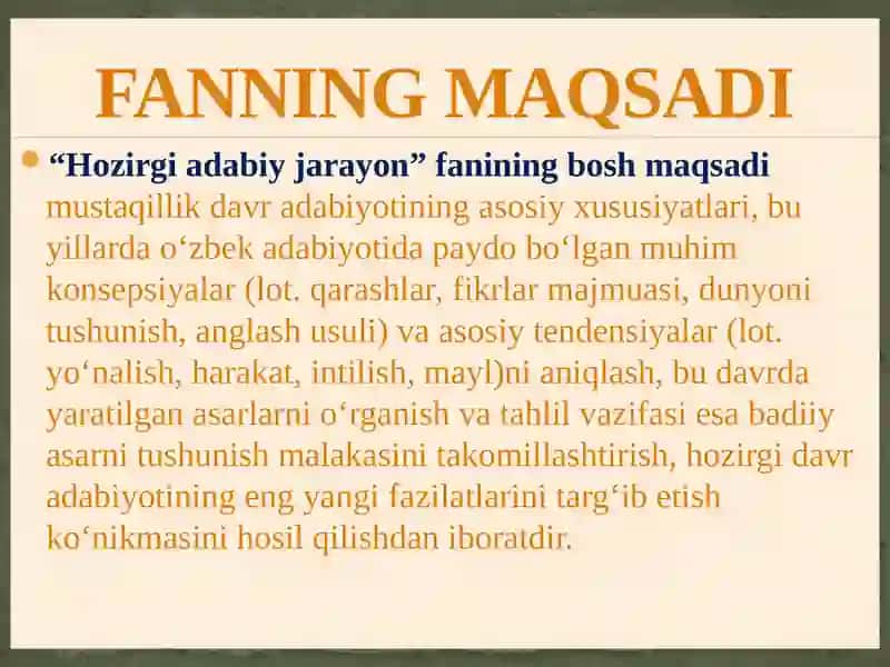 Hozirgi adabiy jarayon fanining maqsadi va vazifalari 3