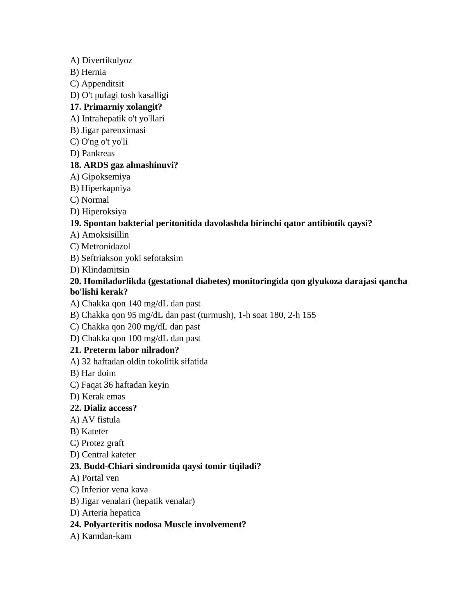 Tibbiyotdan savollar TAYYORGARLIK TEST TO'PLAMI (Terapiya, Jarrohlik, Akusherlik-ginekologiya) 3