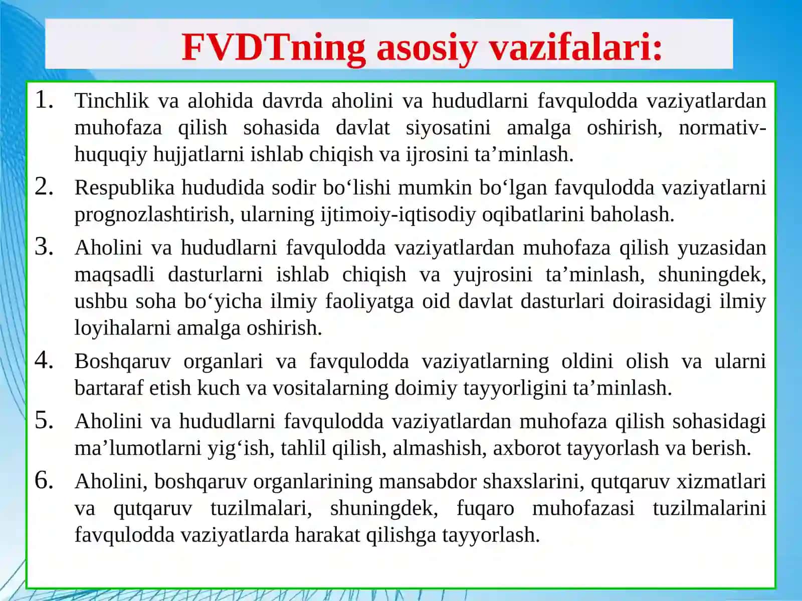 O‘zbekiston Respublikasi Favquloddavaziyatlarning Oldini Olish Vaziyatlarda Harakat Qilish Davlat Tizimi 3