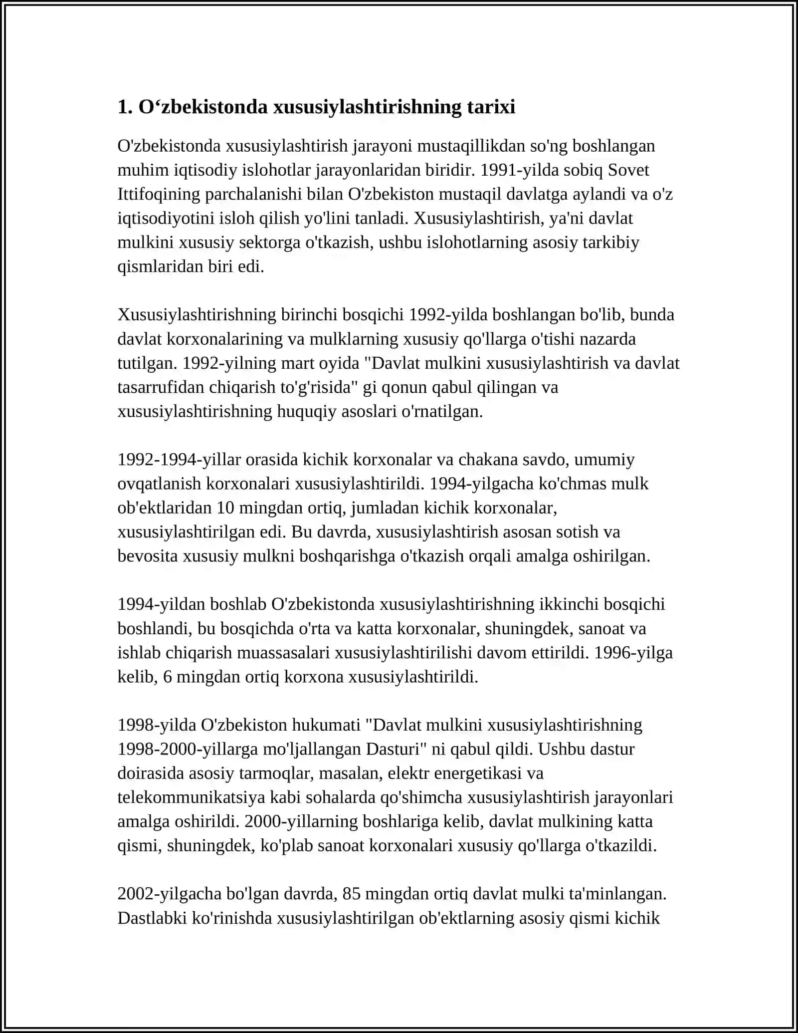 O‘ZBEKISTONDA XUSUSIYLASHTIRISH JARAYONLARINING BOSQICHLARI VA HOZIRGI HOLATI TAHLILI 3