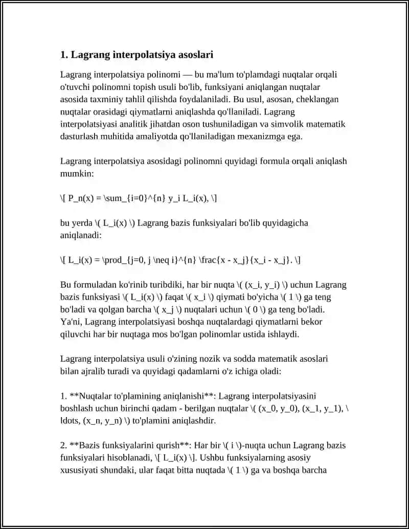 TAJRIBA NATIJALARINI QAYTA ISHLASHDA KOMPYUTERLI MODELLASHTIRISH LAGRANJ INTERPOLYATSION FORMULASI 3
