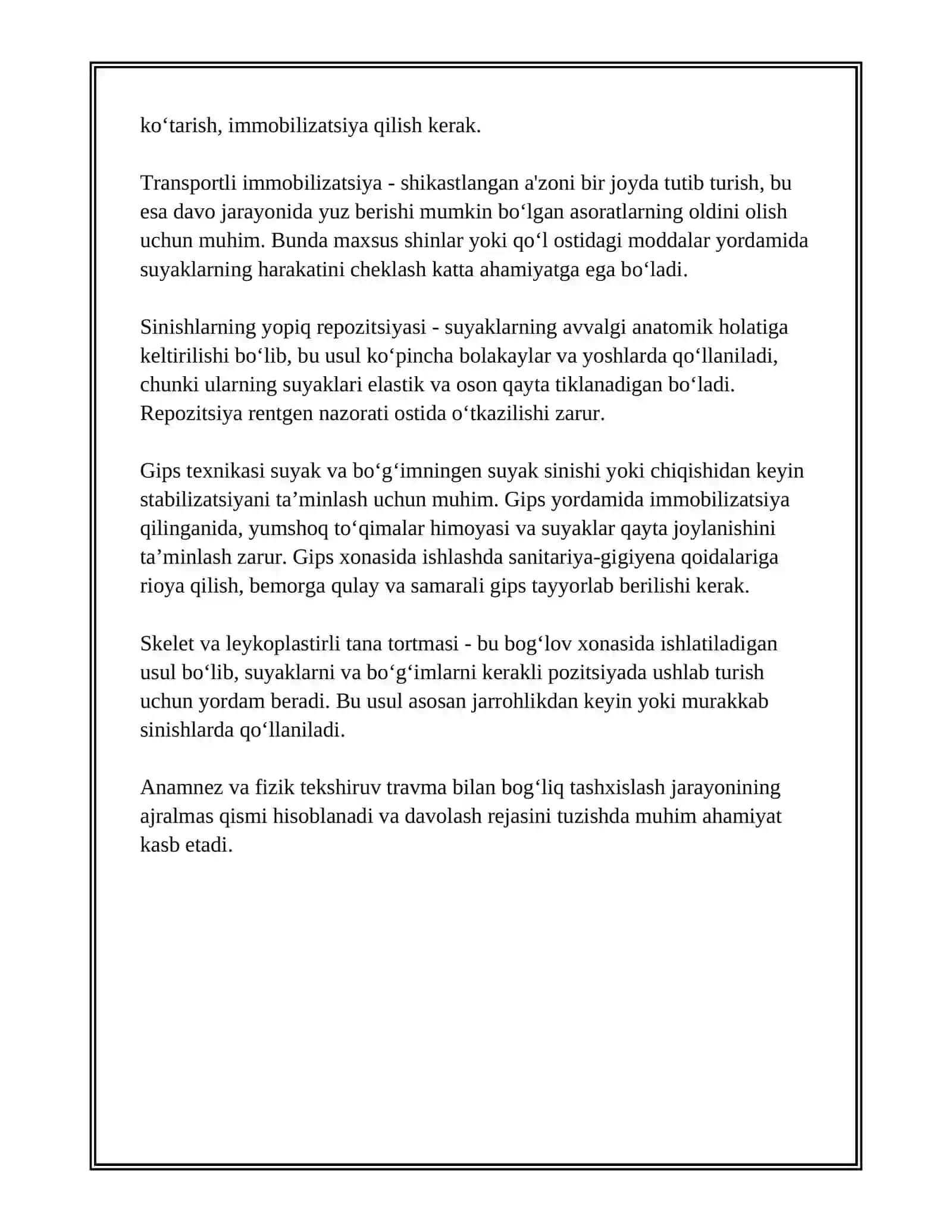 TAYANCH–HARAKAT APPARATI SINISHLARI VA CHIQISHLARINI TASHXISLASH. BIRINCHI TIBBIY YORDAM. TRANSPORTLI IMMOBILIZASTIYA. OYOQ-QO‘LLAR SINISHLARNI YOPIQ REPOZITSIYASI. GIPS TEXNIKASI 3
